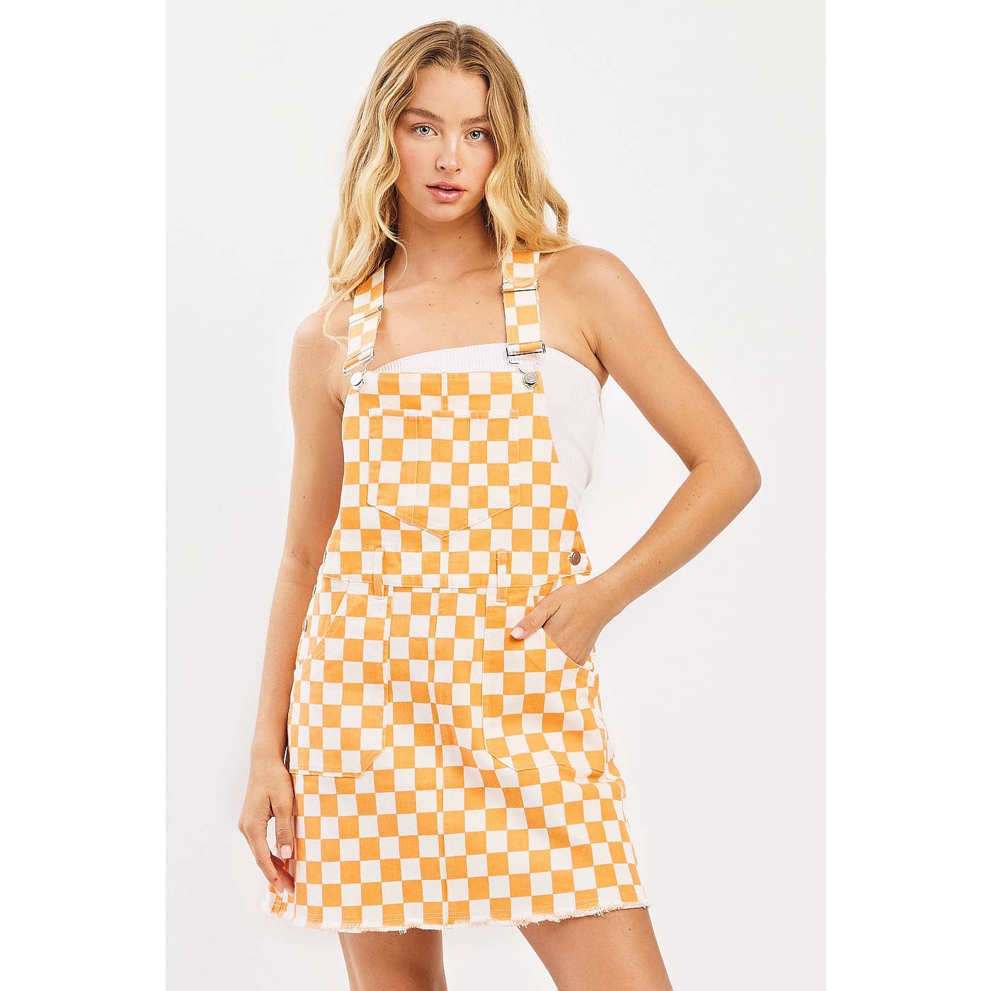 GAME DAY CHECKERED BIB OVERALL MINI DRESS: ORANGE