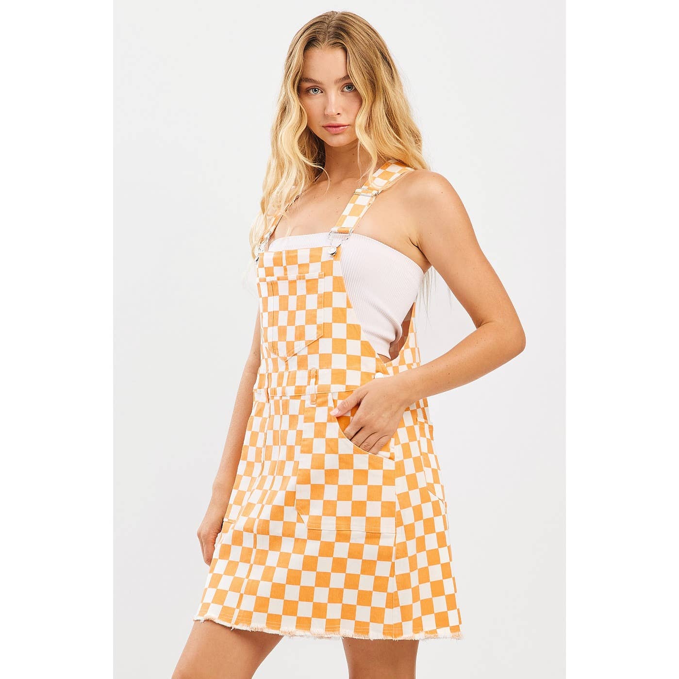 GAME DAY CHECKERED BIB OVERALL MINI DRESS: ORANGE