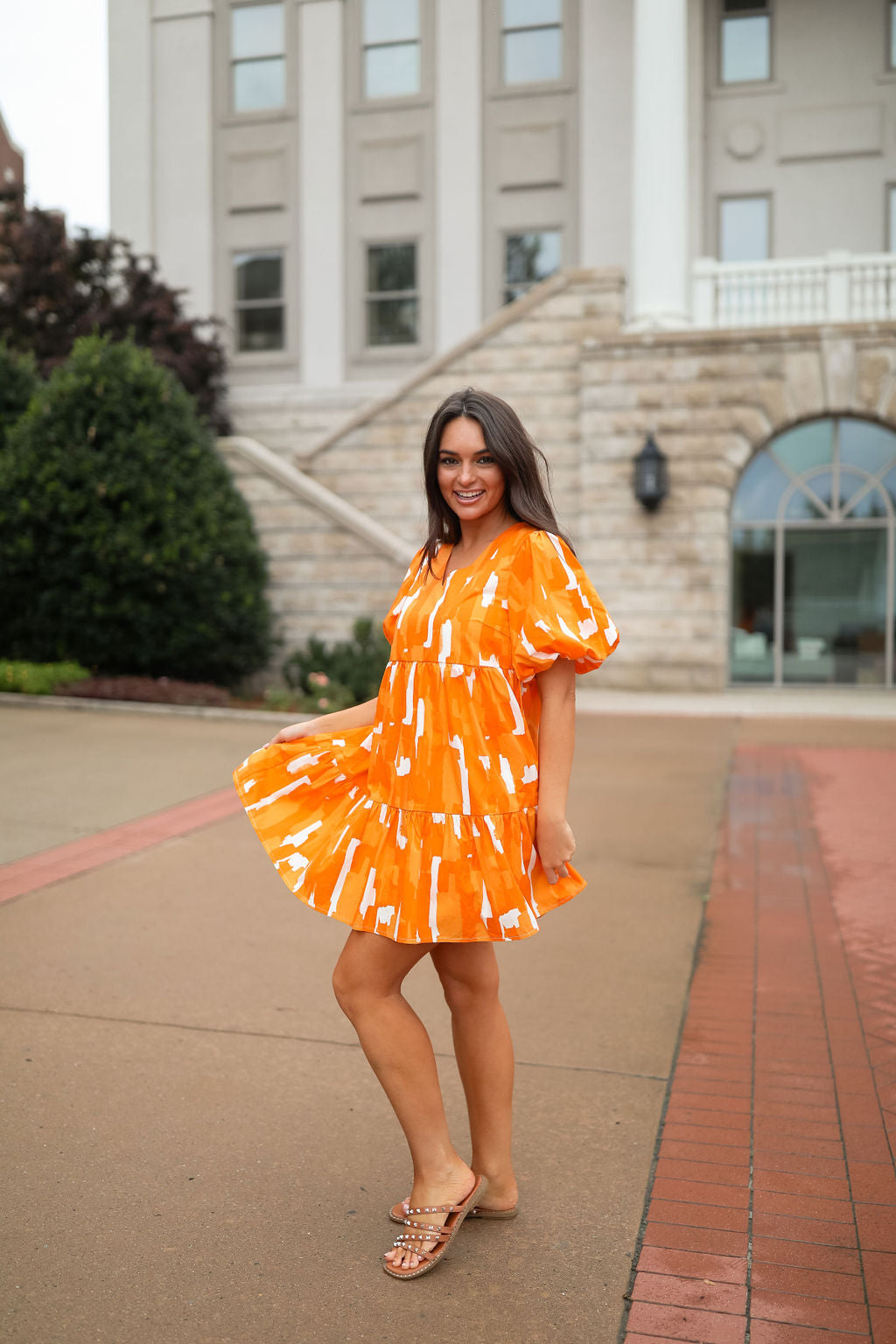 Jessica Orange and White V-neck Dress