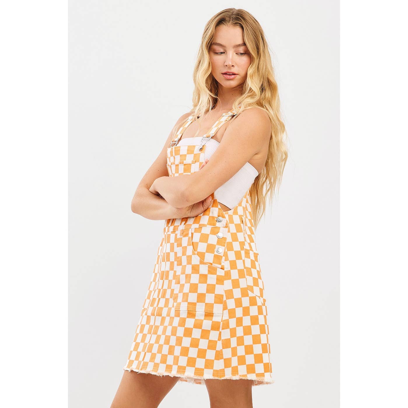 GAME DAY CHECKERED BIB OVERALL MINI DRESS: ORANGE