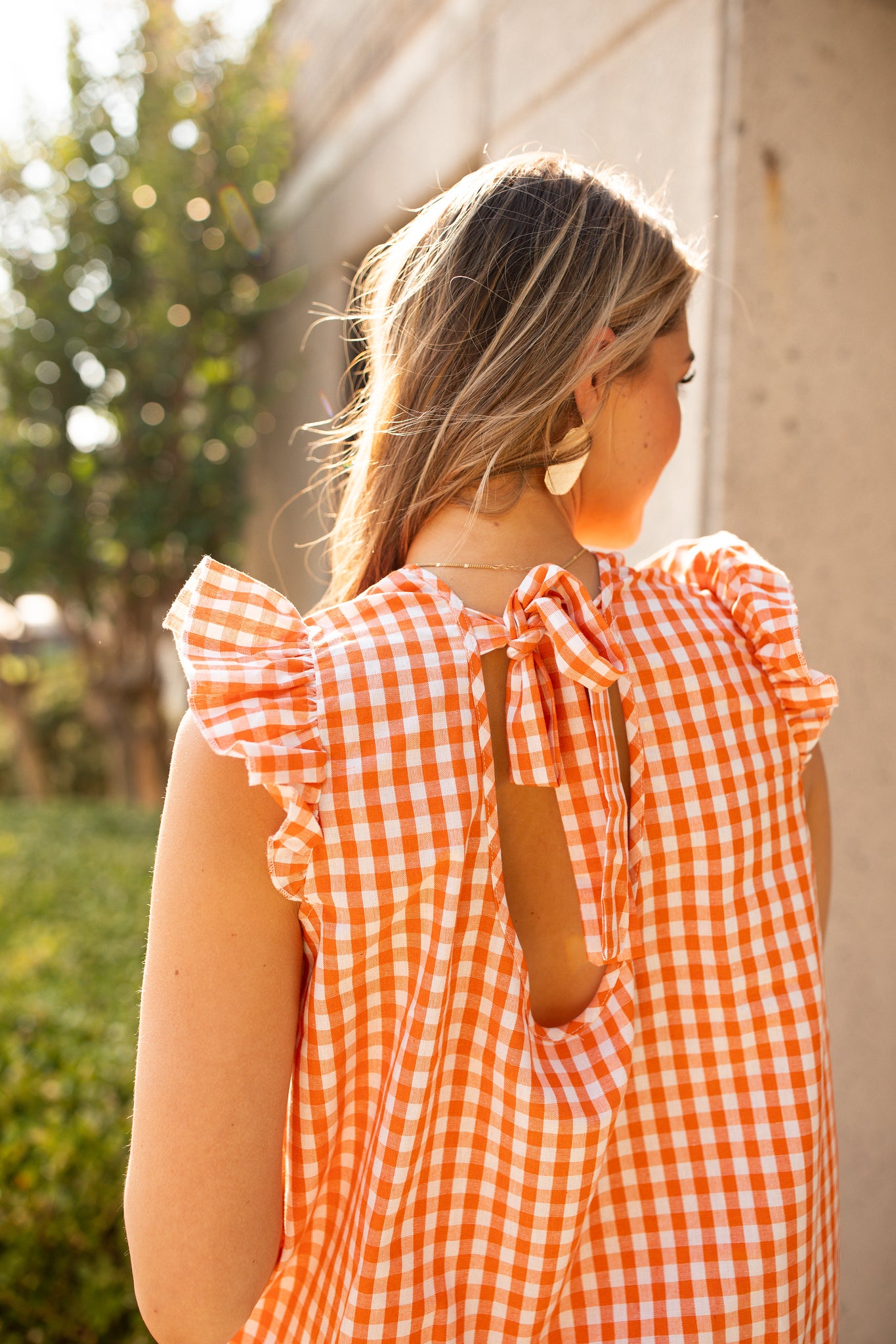 Orange and White Gingham Ruffle Sleeve Top