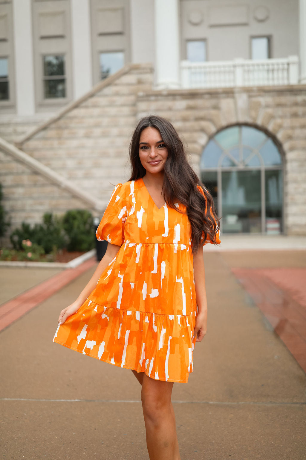 orange and white jersey dress