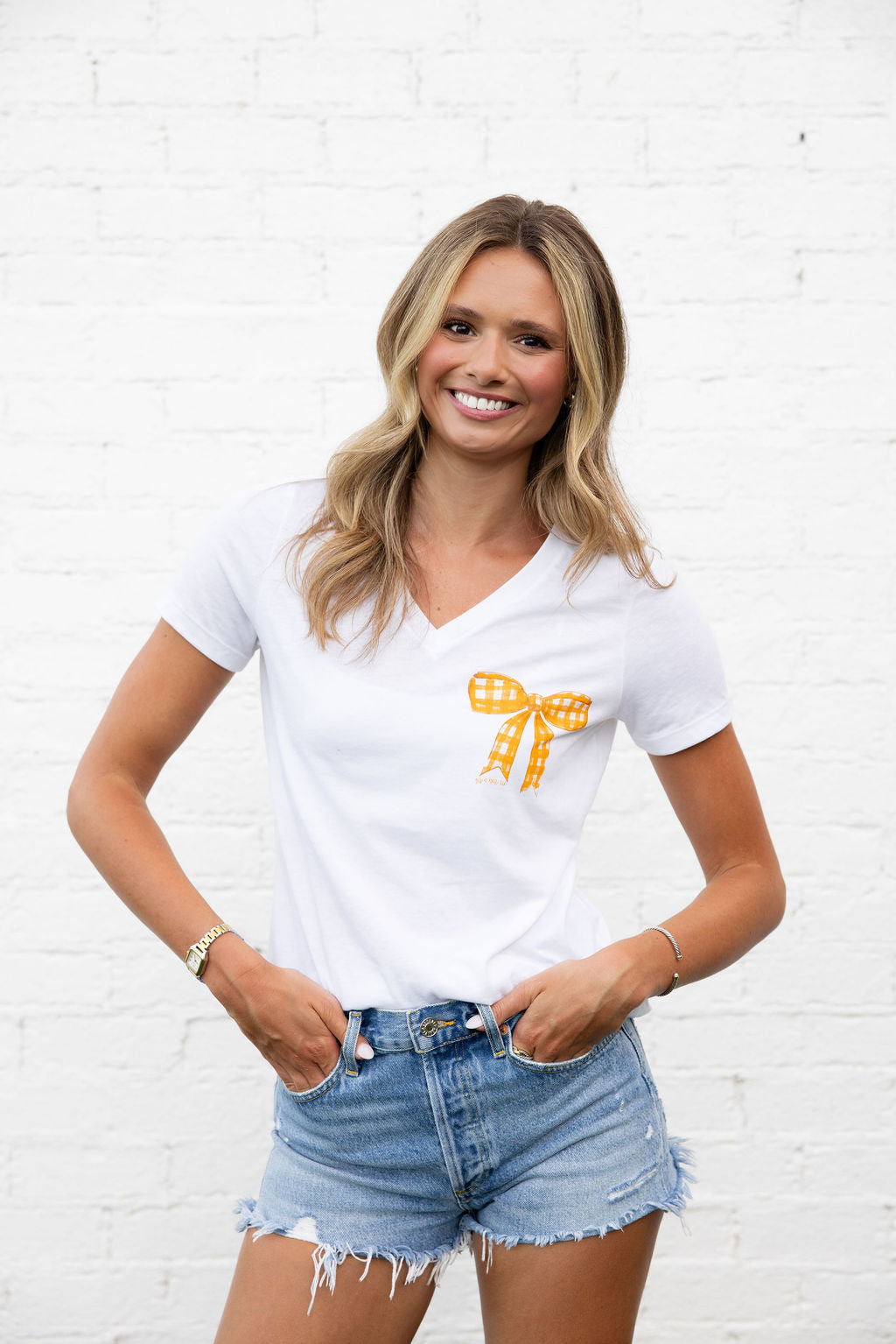 Bow V-neck White Tee