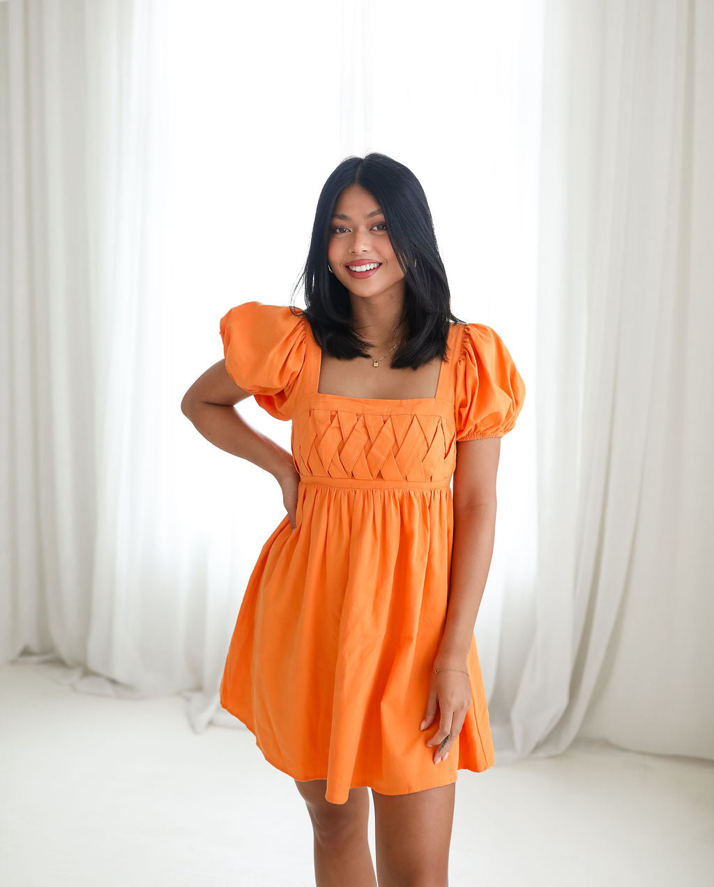orange dress with puff sleeves Bright Orange Linen Dress Women, Puff Sleeve Midi Dress With Button Front And White Trim, Flared Hem Dress With Ruffle Detail, Summer Outfit