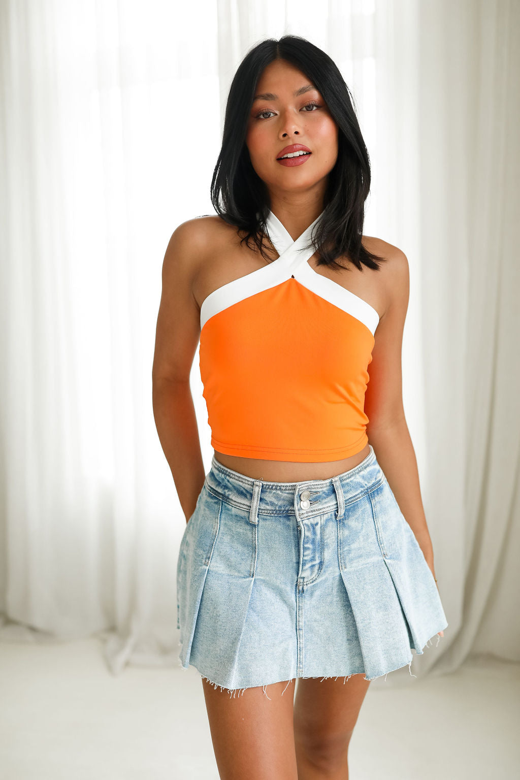 Alec's Orange And White Halter Top