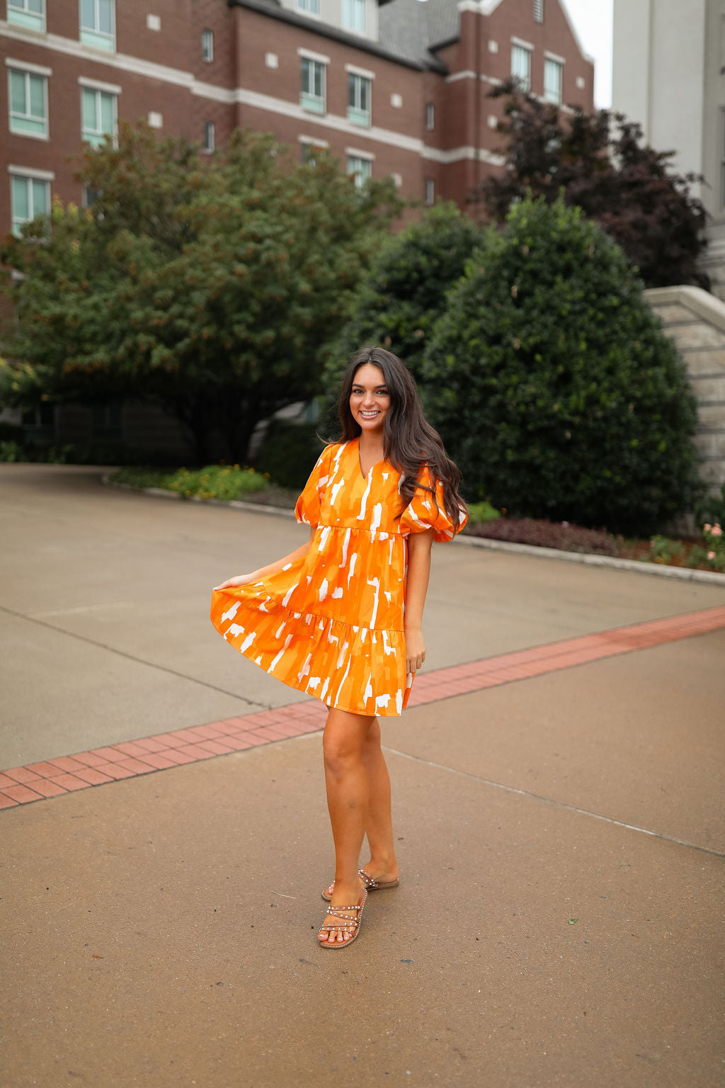 Orange dress with white flowers best sale