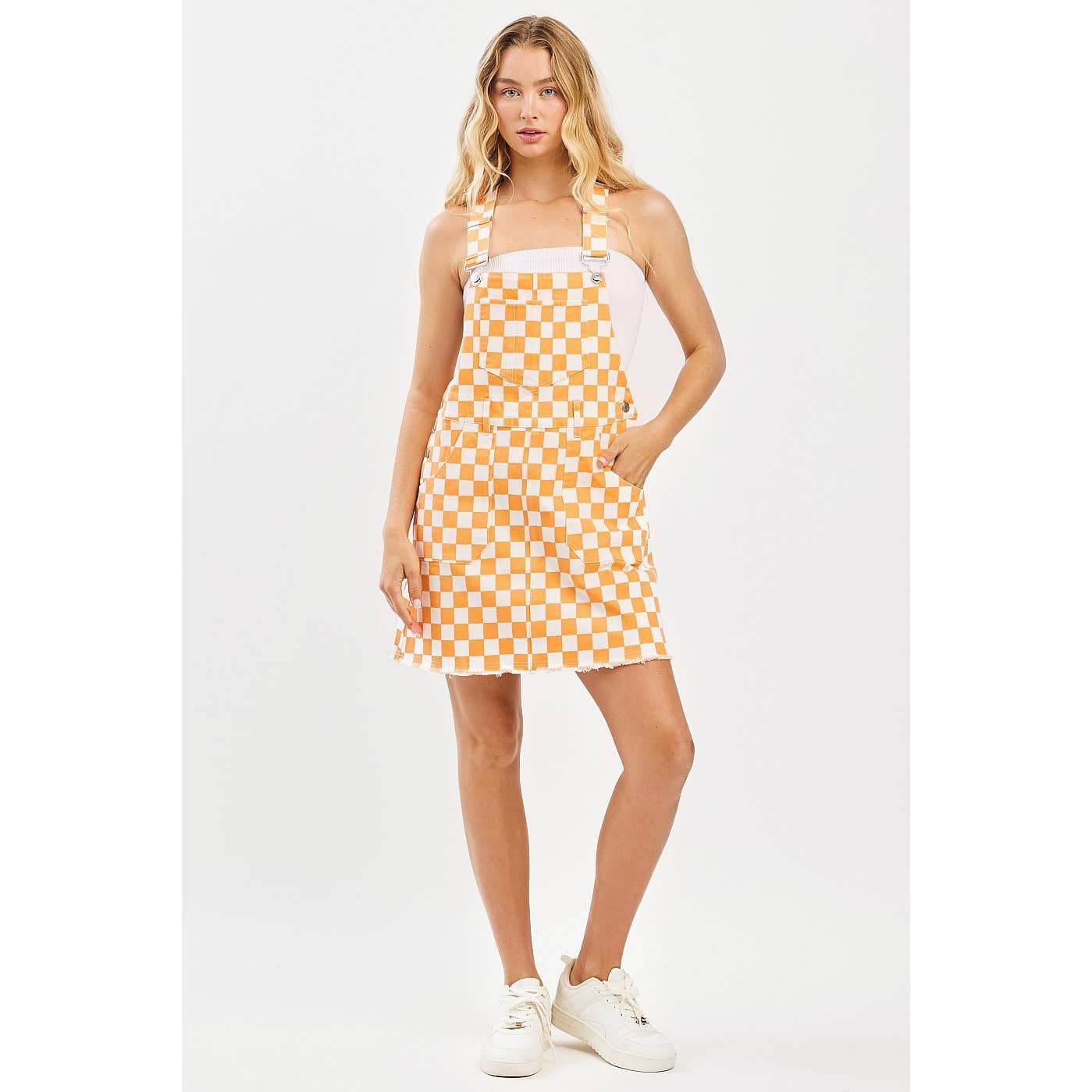 GAME DAY CHECKERED BIB OVERALL MINI DRESS: ORANGE